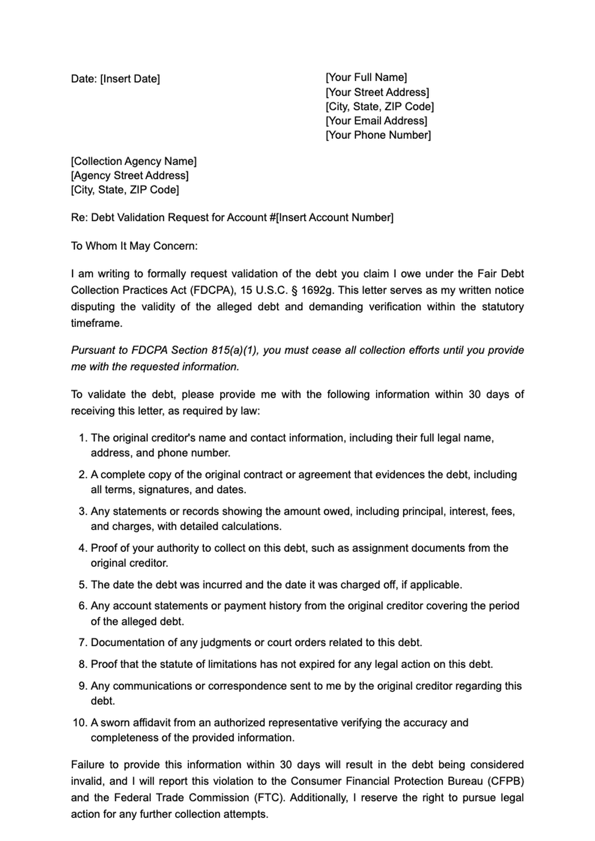 FDPCA debt validation request letter template_variant_3